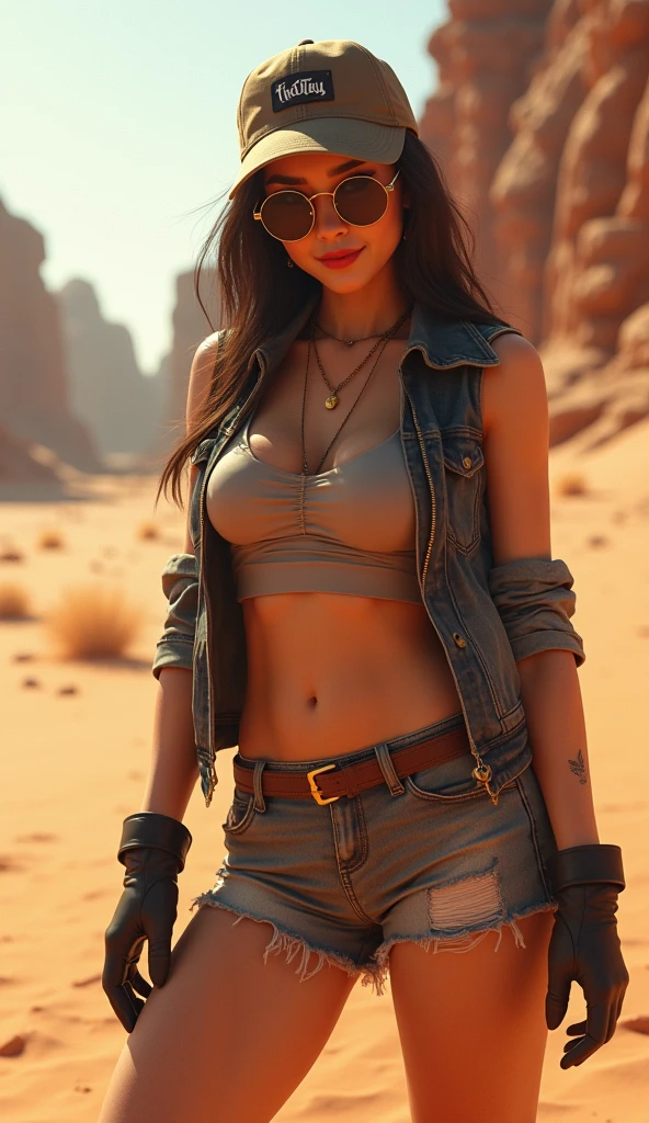 (FioGermiWaifu:1), 1girl, curvy, (shorts, crop top, gloves, round eyewear, vest, baseball cap), looking at viewer, cute pose, smile, desert background, :D, (masterpiece:1.2), (best quality, highest quality), (ultra detailed), (8k, 4k, intricate),(full-body-shot:1),(Cowboy-shot:1.2), (50mm), (highly detailed:1.2),(detailed face:1.2), detailed_eyes,(gradients),(ambient light:1.3),(cinematic composition:1.3),(HDR:1),Accent Lighting,extremely detailed CG unity 8k wallpaper,original, highres,(perfect_anatomy:1.2), solo, wide shot, nsfw, (detailed ladscape, city, street:1.2),(detailed background),(dynamic_angle:1.2), (dynamic_pose:1.2), (rule of third_composition:1.3), (dynamic_perspective:1.2), (dynamic_Line_of_action:1.2),