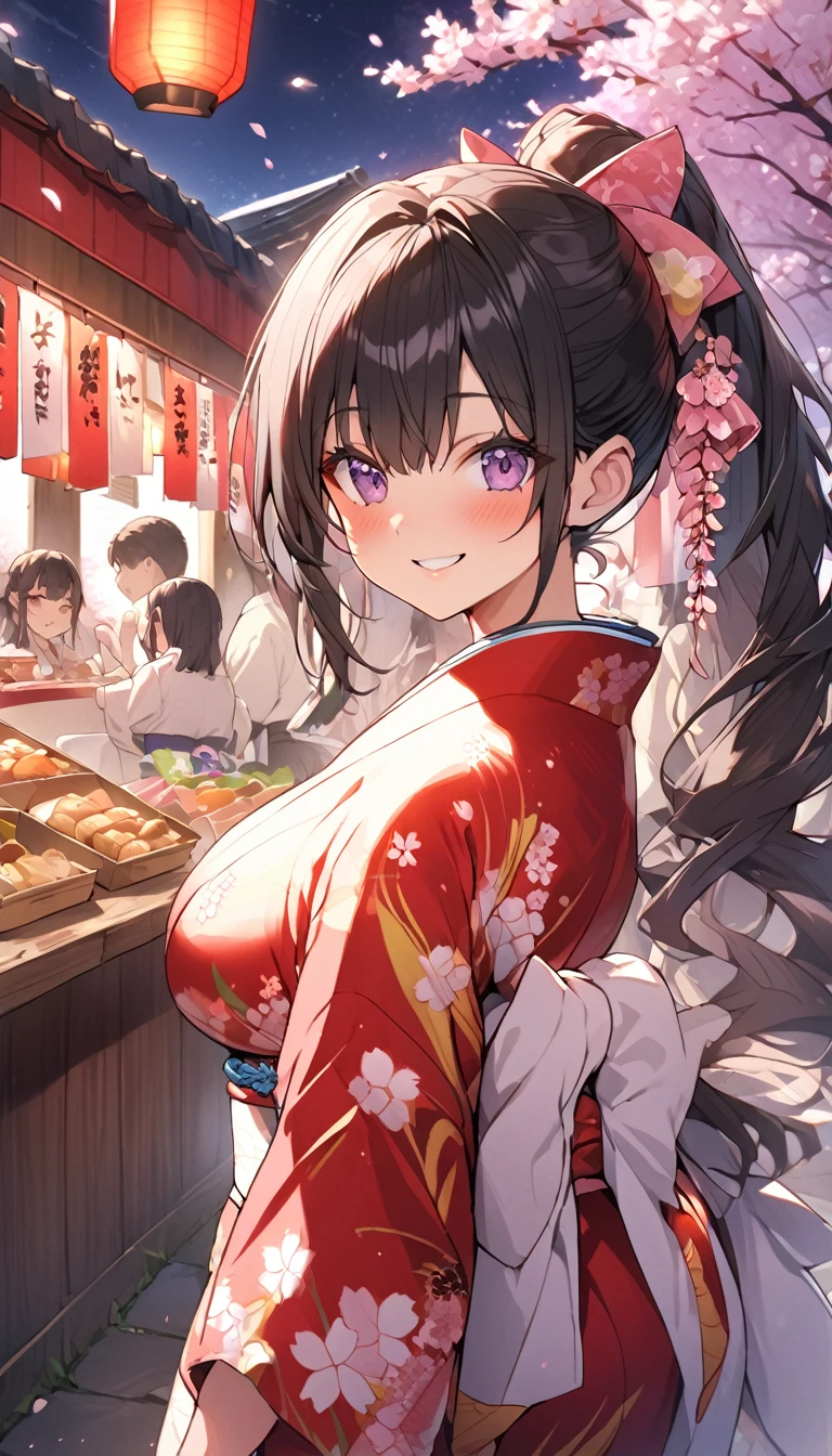 One Woman、beautiful girl、night、nightcherry blossoms、kimono、Beautiful patterned kimono、ponytail、Waraji、School、Back of the school building、spring、cherry blossoms々、はためくcherry blossomsの花びら、Long Hair、Highest quality、Ultra HD、Black Hair、smile、8 heads、White tabi socks、Japanese Umbrella、smile、Cowboy Shot、festival、Many food stalls、Beautiful views、Turn your body forward、Accentuate your breasts、Entire body facing forward、Send a love letter to the audience