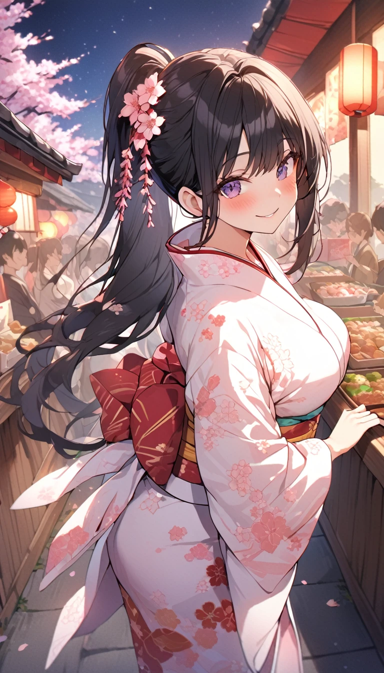 One Woman、beautiful girl、night、nightcherry blossoms、kimono、Beautiful patterned kimono、ponytail、Waraji、School、Back of the school building、spring、cherry blossoms々、はためくcherry blossomsの花びら、Long Hair、Highest quality、Ultra HD、Black Hair、smile、8 heads、White tabi socks、Japanese Umbrella、smile、Cowboy Shot、festival、Many food stalls、Beautiful views、Turn your body forward、Accentuate your breasts、Entire body facing forward、Send a love letter to the audience