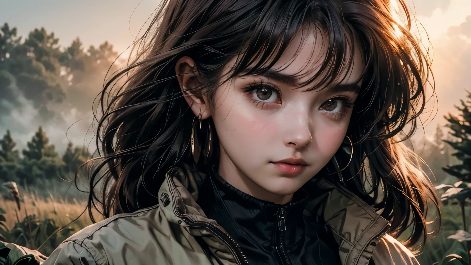 An eerie mist is surrounding the area.Upper body close-up image.A beautiful woman. Twenty years old. Dark brown hair. She is looking at the camera with a tense expression. She is standing in a vast countryside. The time is dusk.