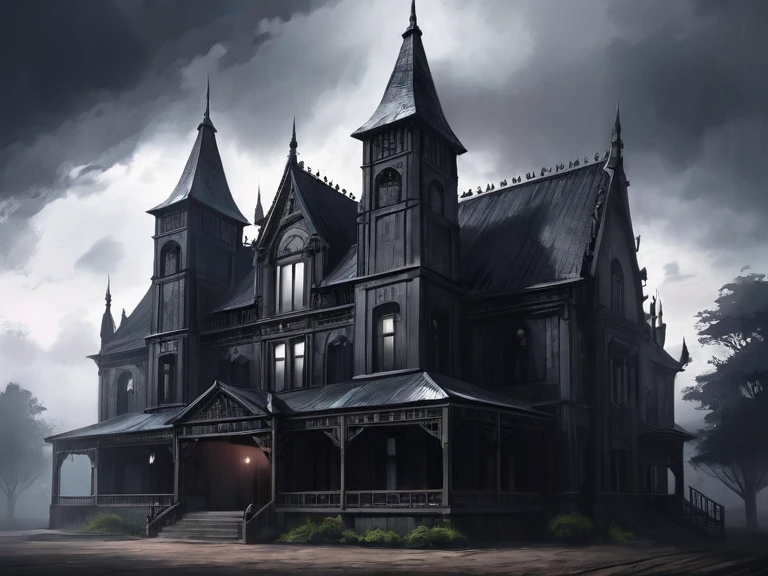 The exterior of the Western-style building,Gothic,It's dark around,There is nothing but a Western-style building.,scared,The weather is dark and cloudy,Looking straight ahead。