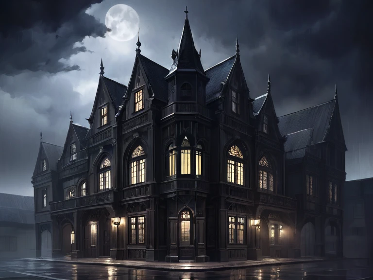 The exterior of the Western-style building,Gothic,It's dark around,There is nothing but a Western-style building.,scared,The weather is dark and cloudy,Looking straight ahead。