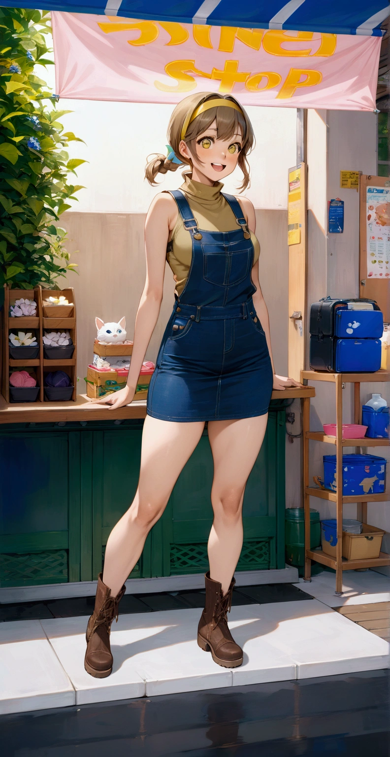 realistic anime illustration of young woman is smiling (+teeth), and standing at rider stop, she is brown braid with lemon-yellow headband, wearing lemon-yellow sleeveless turtleneck, prussian-blue denim dungarees pencil skirt, brown boots, (1girl, solo, full body), (masterpiece, best quality, japanese anime style), (expressive eyes, perfect face, perfect anatomy)