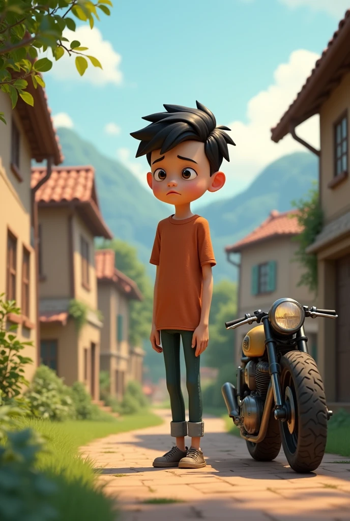 18+Young tall boy sad in village ai 3d image cartoon type with cafe racer bike