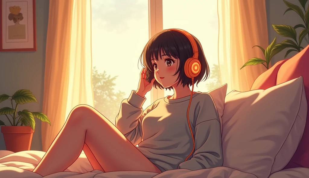 morning、Listen to music in the room、high school girl、Big Breasts、 Sweatshirt、relax、Short Hair、Use headphones, Bright environment、2D-style animation, Lo-Fi、Retro、Anime style illustrations、Line art with clear outlines