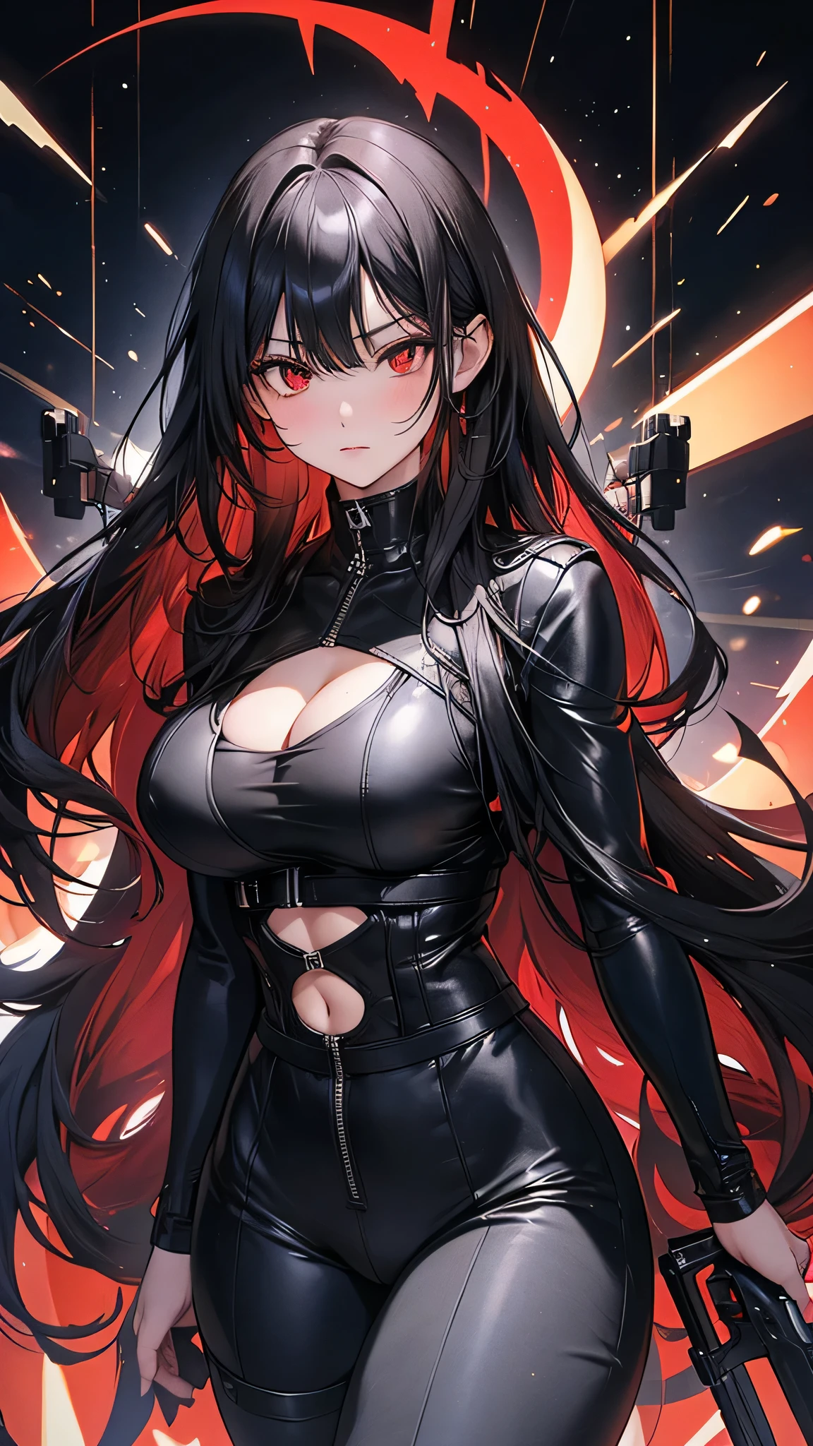 4K resolution,((Highest quality)),Ultra-high resolution,Adult women, alone, sexy, (Stern face), (Red eyes), Beautiful and symmetrical face, (Black irregular long hair), Black coat,Black suit pants,A mercenary woman,Realistic:1.4,Realistic:1.4,night,(masterpiece:1.2),Perfect Eyes,Perfect Eyes,Ample breasts,Beautiful thick legs,Holding a gun,In a dark warehouse,Curvy Body
