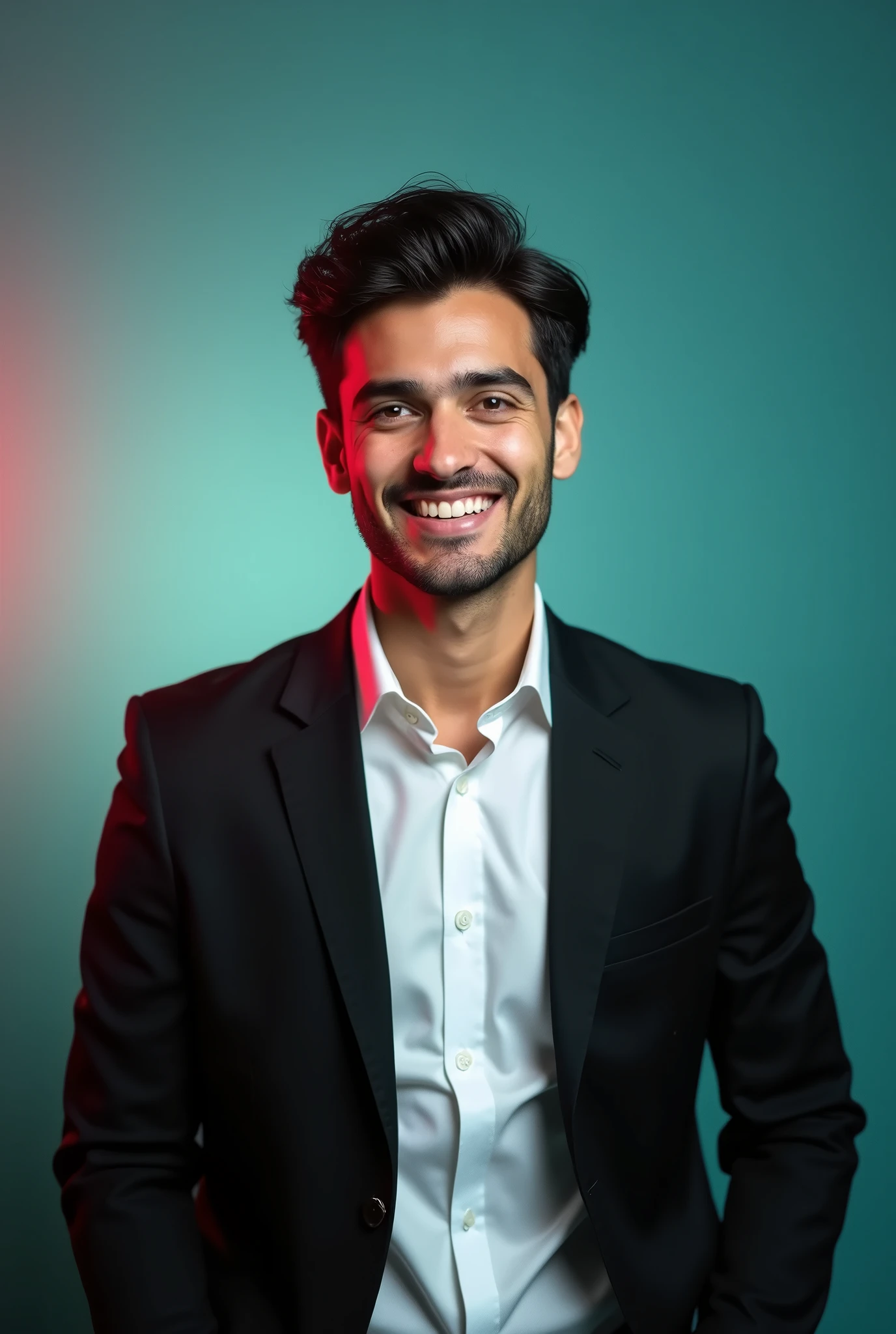 A young Man With Dark hair and a confident smile He is Dressed in a black blazer over a white shirt The man is positioned against aqua colour backdrop with a subtle red lighting on the left side and he posing for linkdin profile