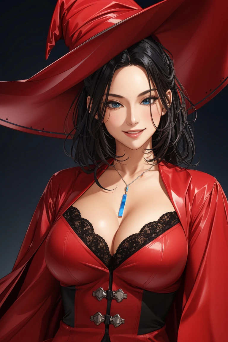 woman、、Portrait of Eleksi Sinclair in red wizard robes wearing a red wizard hat, Wicked Smile, (masterpiece) (Highest quality) (detailed) (8k) (High resolution) (wallpaper) (Cinema Lighting) (Sharp focus) (Complex)