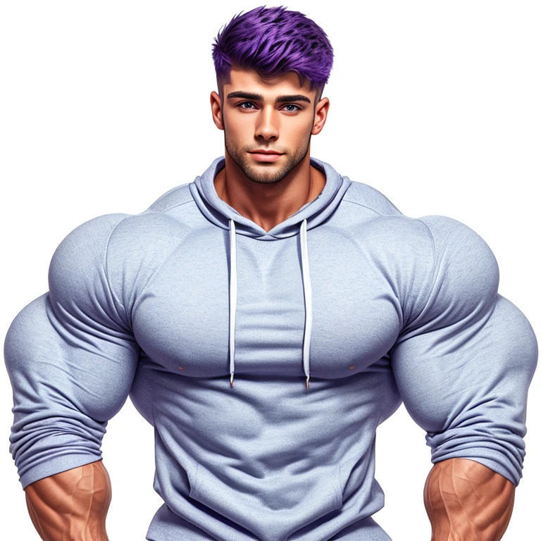  a very handsome young man, muscular, a purple sweatshirt, on a white background