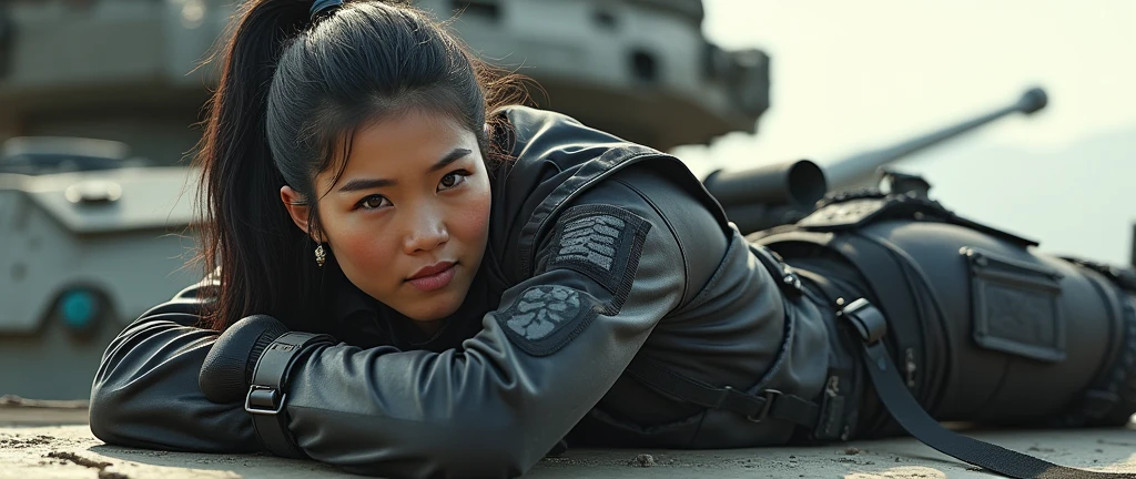 so much swagger trained marine corp militant asian female solider with smug grin sneer. with an attitue vengance she adorn with pony tail hairstyle adorn hip hop rap style in kevlar black military attire armour sniper rifle on recline on a tank aiming sniper absolute disrespect bad-mannered