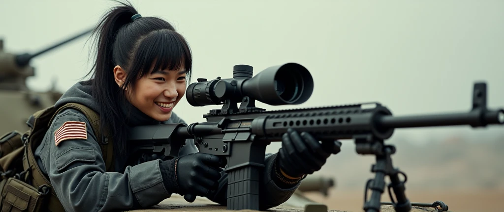 so much swagger trained marine corp militant asian female solider with smug grin sneer. with an attitue vengance she adorn with pony tail hairstyle adorn hip hop rap style in kevlar black military attire armour sniper rifle on recline on a tank aiming sniper absolute disrespect bad-mannered