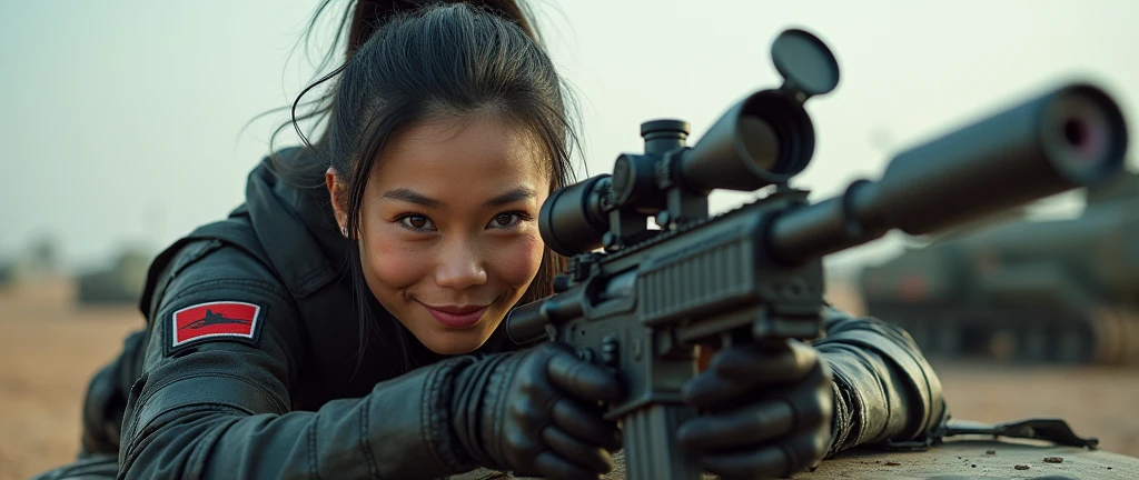 so much swagger trained marine corp militant asian female solider with smug grin sneer. with an attitue vengance she adorn with pony tail hairstyle adorn hip hop rap style in kevlar black military attire armour sniper rifle on recline on a tank aiming sniper absolute disrespect bad-mannered