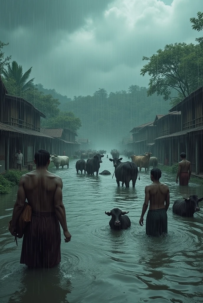 Village lot of peoples man-women baby cow floating in flood water,raining from sky