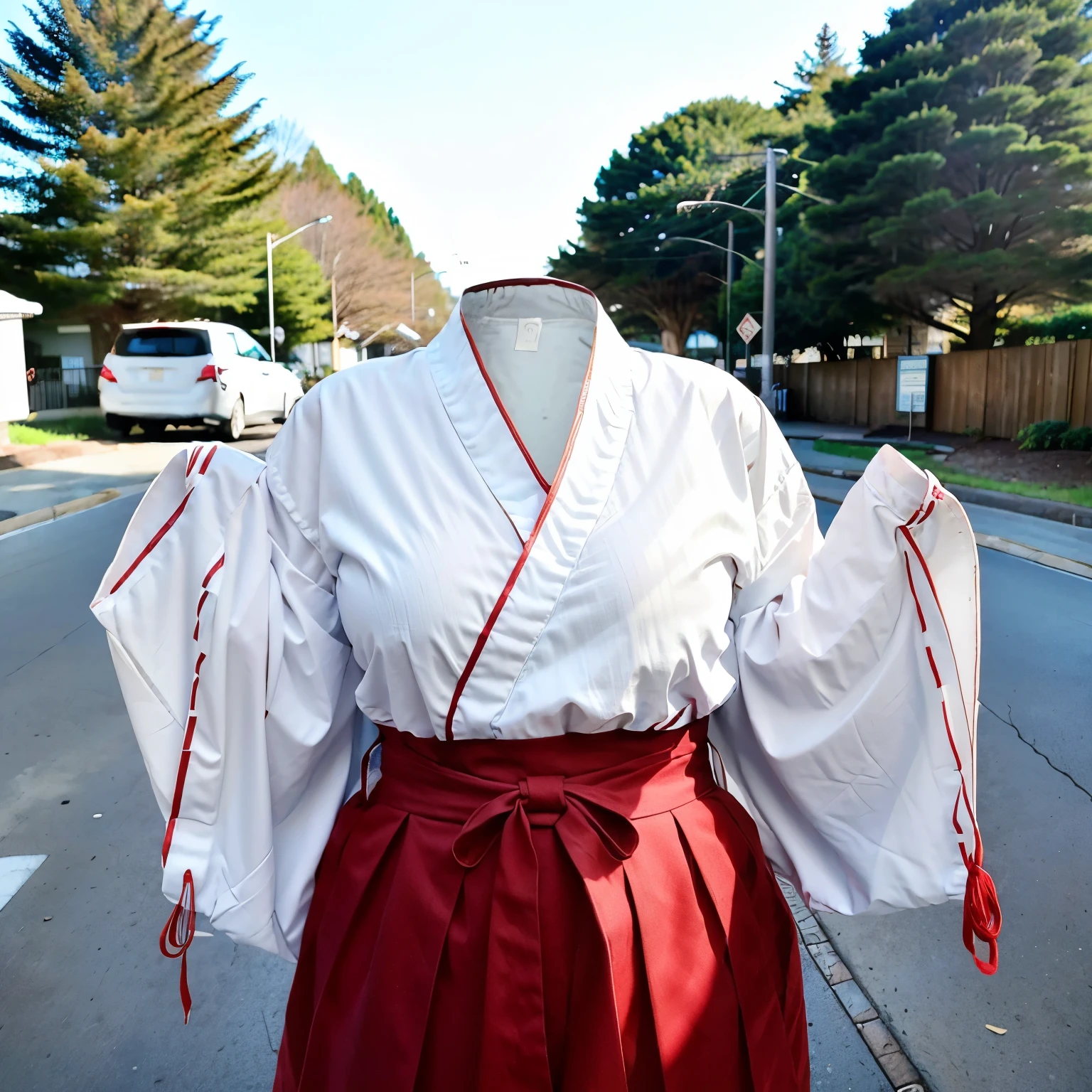 (invisible:1.5, no humans:1.5, headless:1.5, faceless:1.5), (cute big breasts), miko clothes, long sleeves, detached sleeves, side breasts, long hakama, hakama skirt, (8k, RAW photo, best quality, masterpiece:1.2), (realistic, photo-realistic:1.37), photon mapping, radiosity, ((Hasselblad photography)), physically-based rendering