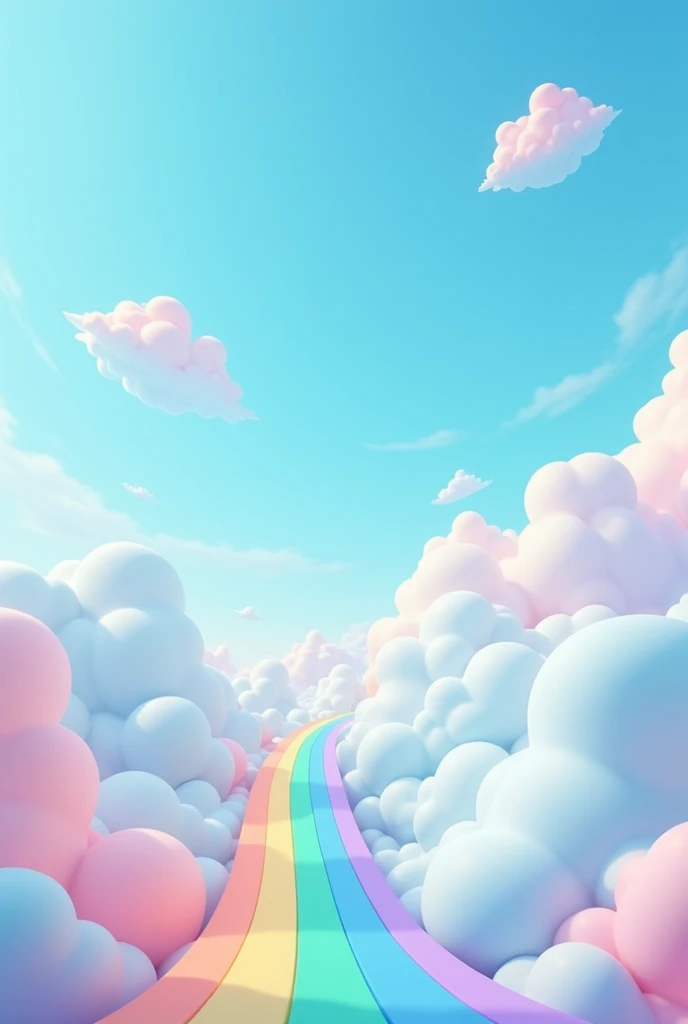 A long rainbow path above the soft pastel-toned blue sky with clouds and sky islands floating in the air, 3D Pixar animation style, Simple and smooth curve expression