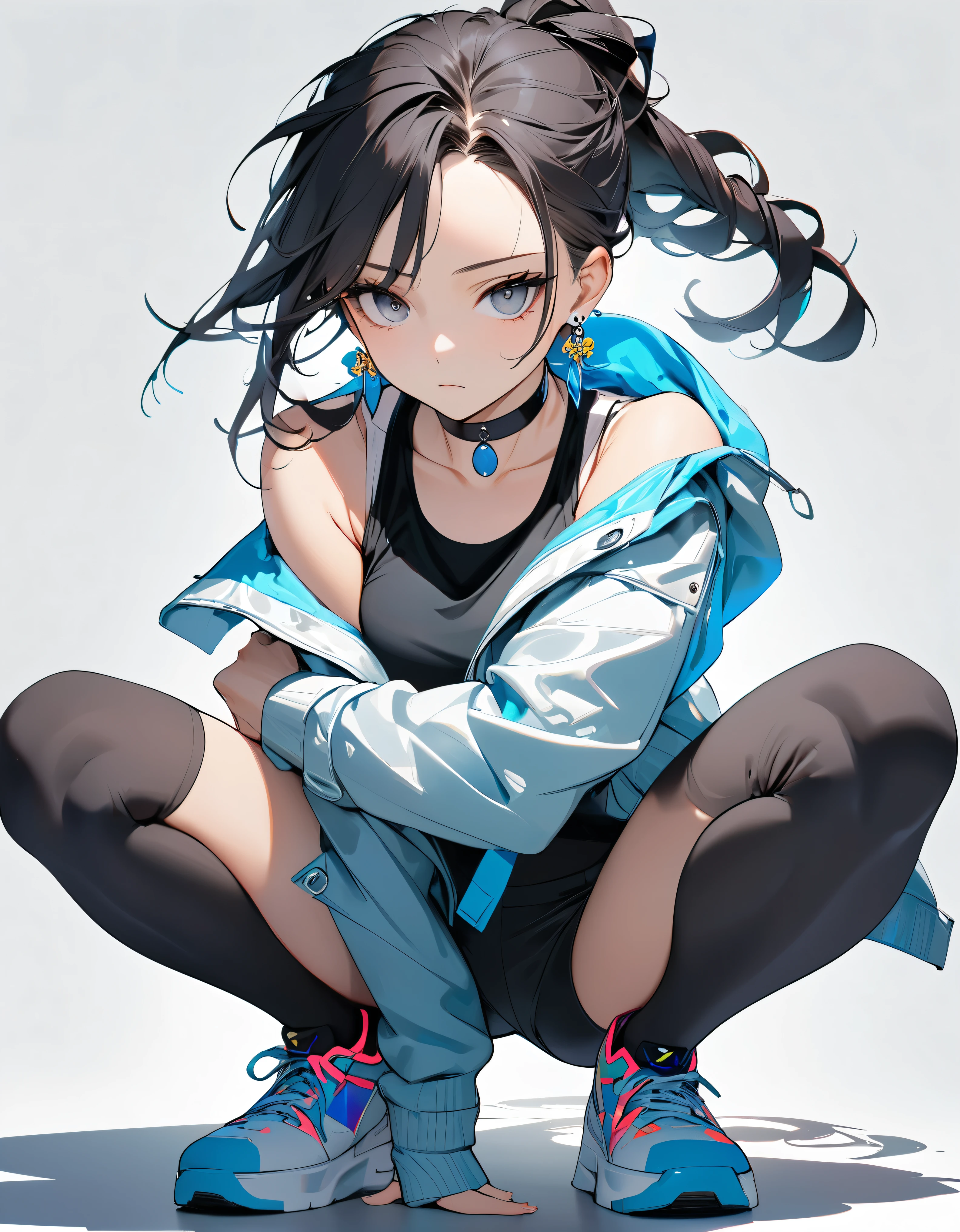 best quality, beautiful, tie hair, 8K, expressionless, full body, squat, head tilt look view, slim, jacket, tanktop inside, earrings, choker, dynamic pose, concept, full color