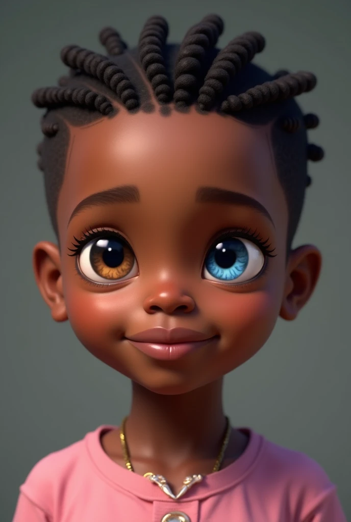 8 year old black real boy 
Real boy
Very realistic, not animated 
Boy from Africa 
Eyes of different colors brown and blue 
Eyes of different colors brown and blue
Eyes of different colors brown and blue 
Eyes of different colors brown and blue
Eyes of different colors brown and blue 
Eyes of different colors brown and blue
Short hair African braids 
Wearing a pink cropped shir
Place eyes of different colors brown and blue and give them a little shine 
With a little white sweater 