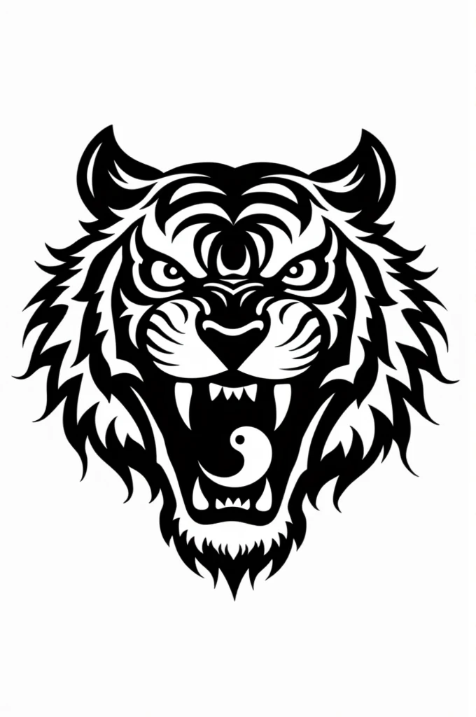 Black and white tiger head logo biting yin yang on a white background