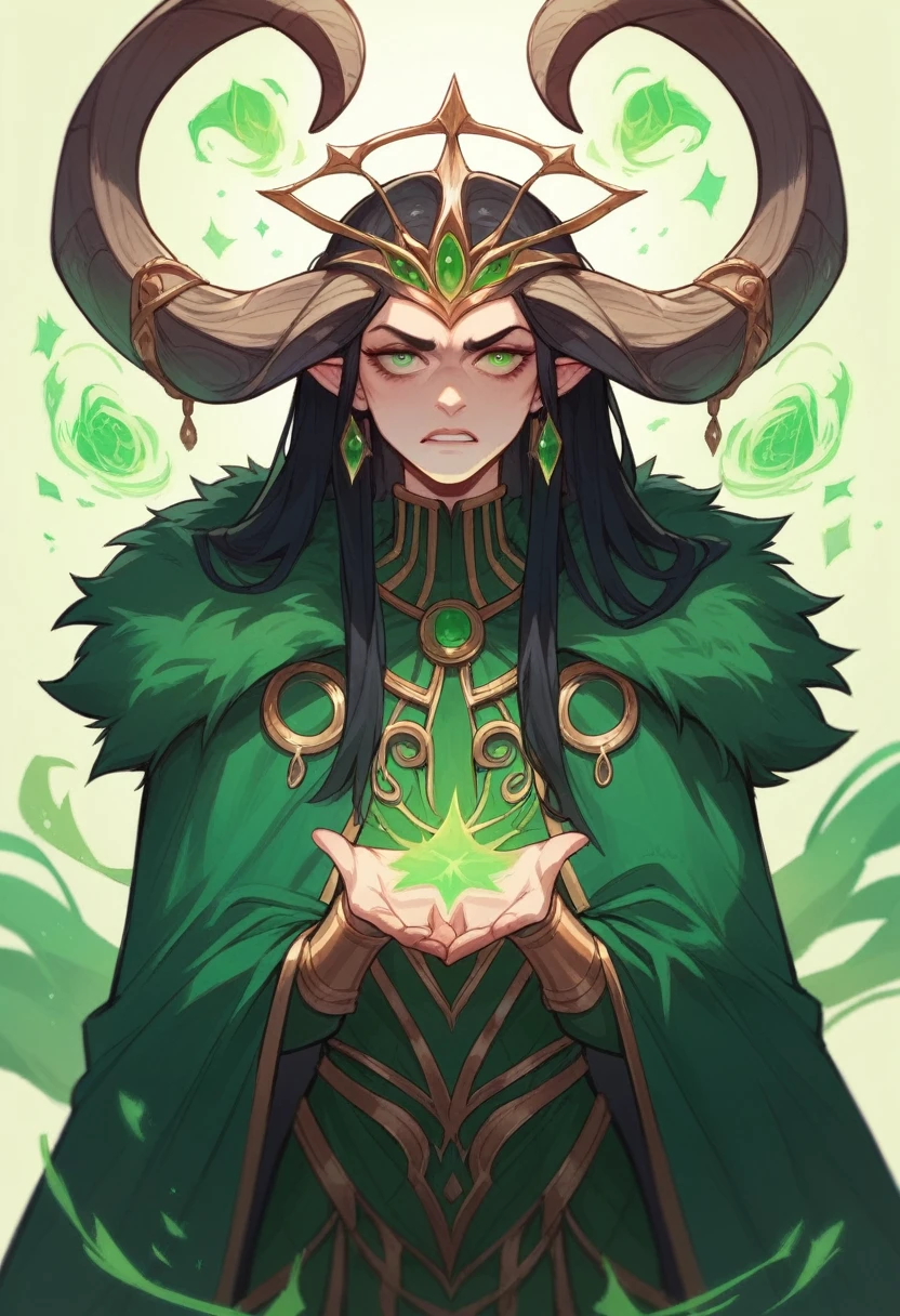 Lady Loki, god of mischief, long black hair, golden tiara with two long horns, green costume with black accents, fur collar, green cape, green magic,