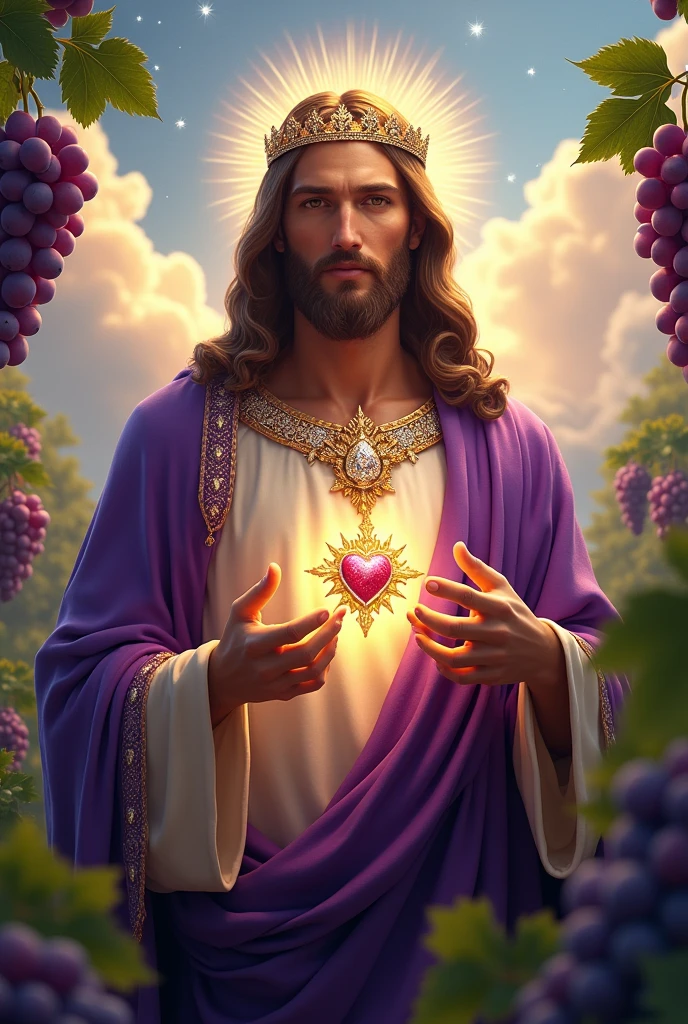 (photorealism:1.2), handsome Jesus Christ, standing straight with many grapes fruits and so many clouds all over, wearing the purple color of King elegant clothes with many diamonds and crown sparkling with light, the head and heart lighting all over, focus on face looking at the camera, nice hair, outdoors, bright lighting, so many clouds and grapes fruits in the background, so many clouds and sparkling stars all over, cozy grapes garden, relaxed pose, realistic, intricate details, bright colors,