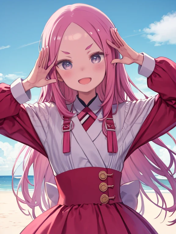 One Girl、Pink hair long hair、amount、Forehead、Red dress、Upper Body、smile、Open your mouth a little、Wink、Close one eye、amountの前でピースサイン、amountの前でVサイン、V-shaped eyebrows、Hands in front of head、Peace sign in front of the head、elbows are at head height、salute、