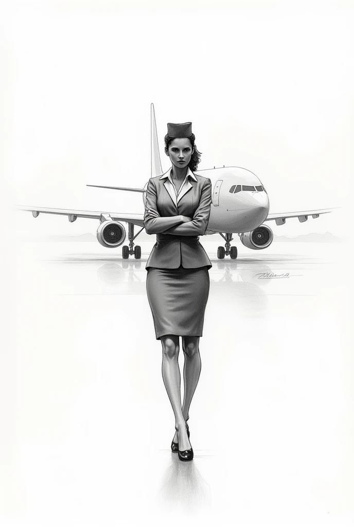 A flight attendant draft sketch NO FACE with aircraft behind her, black and white color.