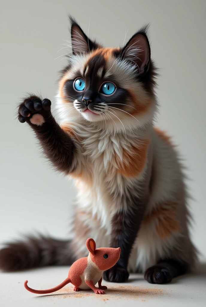 Create a hyper-realistic cat with blue eyes and black, white and red spotted fur, Fur is plush and long-haired, playing with a stuffed mouse