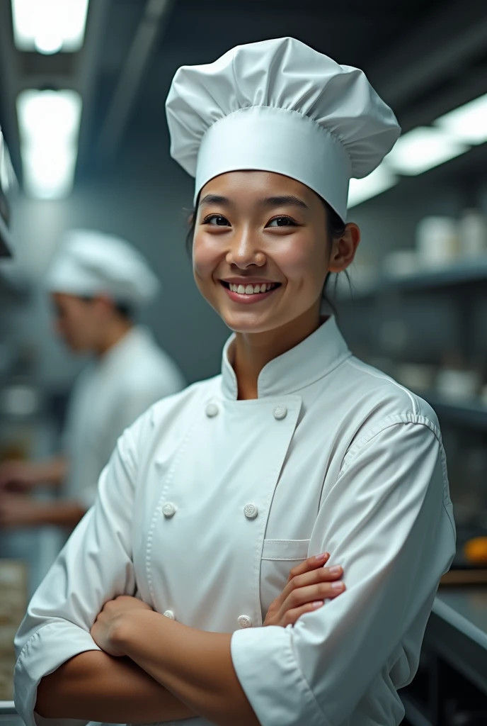 Illuminated by the fluorescent lights in the kitchen、The image of an 18-year-old young chef。A pure white chef&#39;s hat and a clean chef&#39;s coat、It speaks to his sincere attitude.。Through black-rimmed glasses、The warm gaze directed towards the camera is impressive.。A soft smile、Bringing a moment of peace to a tense kitchen。

My bangs are a little wet with sweat、The appearance of it being attached to the forehead is also vivid.々Shii。Next to the high-quality stainless steel countertop、The delicate fingertips holding a professional-grade knife are captured in the frame.。

Despite her slim figure,、The well-toned arm muscles visible under his chef&#39;s coat。For smooth, beard-free skin、The faint traces of adolescence remain。

In front of the finished dish、A photo capturing the moment when she smiles proudly.。Her glossy lips gently curve、A soft smile is engraved on the cheek。

With the steam rising from a professional kitchen in the background、A live-action photo capturing the sincerity and friendliness of the young genius chef。The texture of the details、The perfect arrangement of light and shadow、Capture the moment more vividly and impressively。The gaze and smile directed at the camera、Create attractive shots that will draw the viewer in。」

In this prompt、Added a photo of the chef smiling at the camera.、Depict the expression and atmosphere in detail