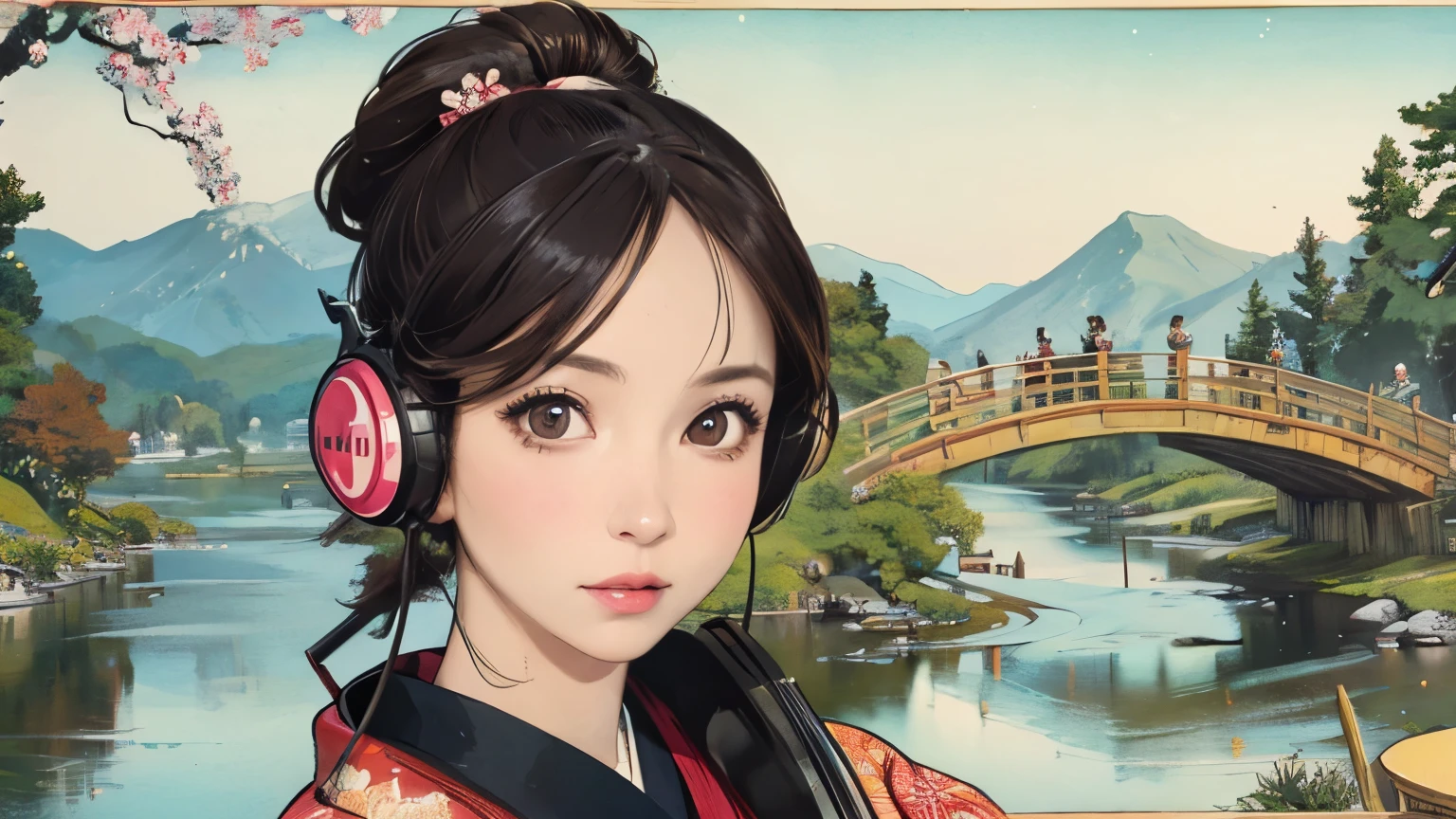 (Highest quality, 8k, masterpiece, High resolution), (whole body), Vibrant colors, ((headphones)), Brown-black bob, Traditional topknot, Ample breasts, (Highly detailed face and eyes, Beautiful Face, Beautiful Eyes, Beautiful nose, Pretty lips), Official Art, Ukiyo-e style, (Beautiful woman in kimono), (Vivid floral patterned kimono), background, river, bridge, Mountain, wood, Starry Sky, moon, Detailed CG,