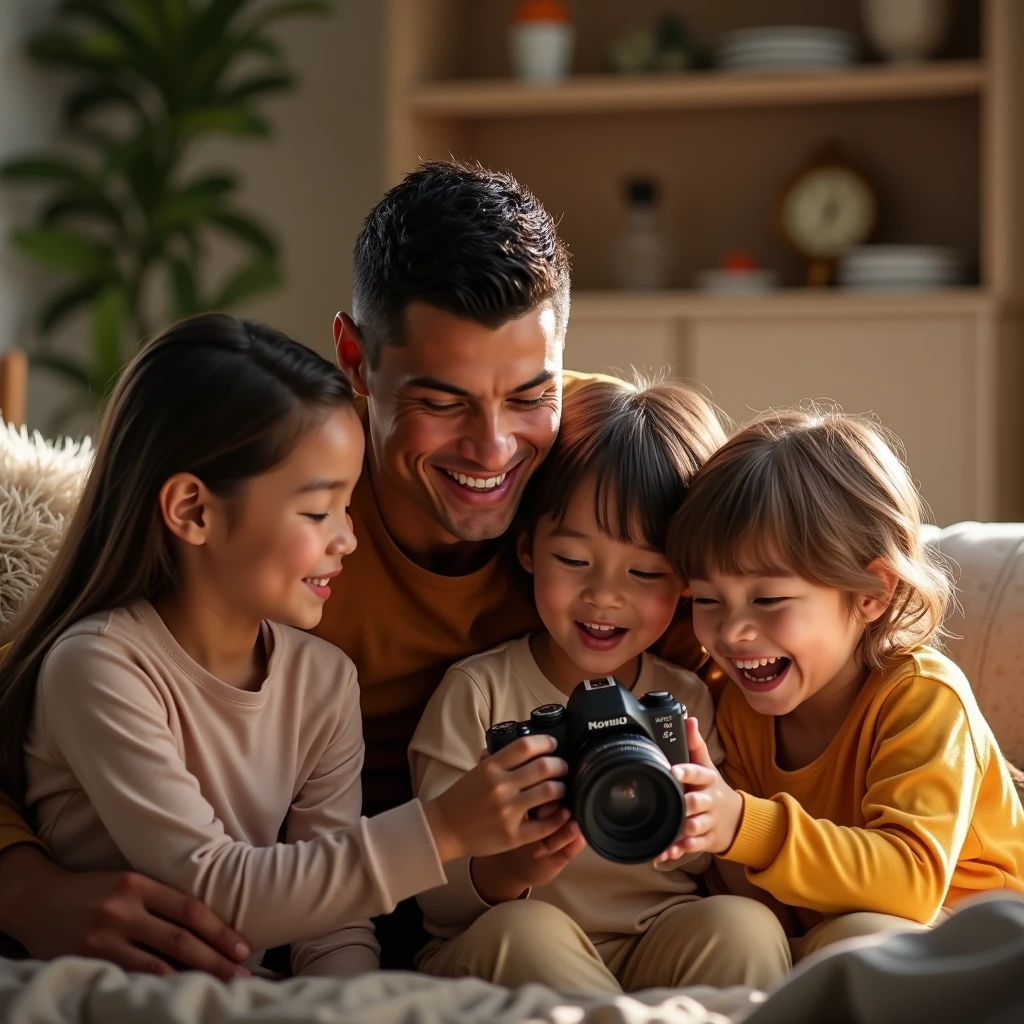 Cristiano Ronaldo interacting with his children at home, showing them how to use a camera for vlogging. They are laughing and having fun, with a cozy, warm family atmosphere in dall e-3 style