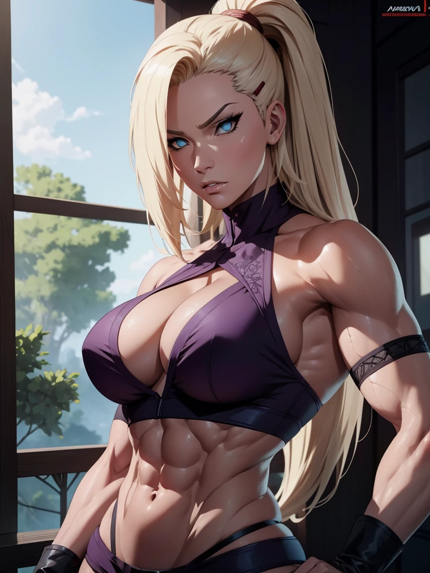 a muscular futanari with a big dick, six pack abs, ripped body, large breasts, high detailed face, beautiful detailed eyes, beautiful detailed lips, extremely detailed face, longeyelashes, solo, lust, sarada uchiha, photorealistic, 8k, hyper detailed, intricate details, masterpiece, cinematic lighting, vibrant colors, dramatic shadows