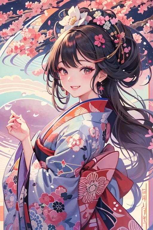 A beautiful woman smiles and shows her upper white teeth、Vividly colored Japanese Ukiyo-e style illustrations、SeaArt creates stunning illustrations of beautiful women in kimono、Brown-black long hair、Beautiful full body style、Beautiful digital illustrations、Beautiful digital painting, Bright vibrant anime art, Detailed digital anime art,  Beautiful anime portraits