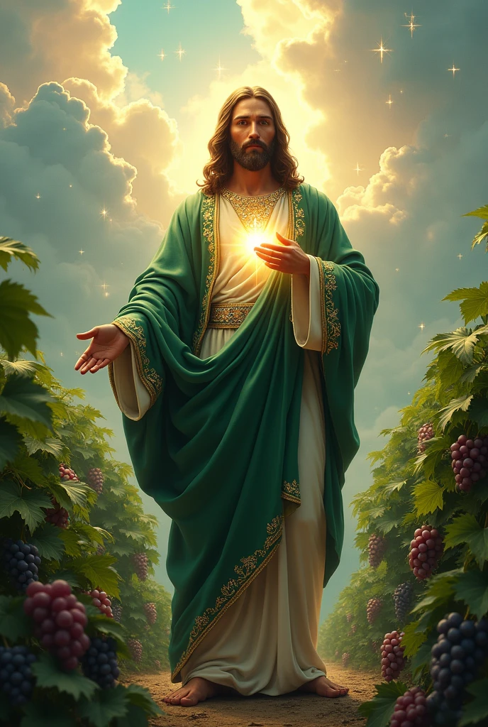 (photorealism:1.2), handsome Jesus Christ, standing straight with many grapes fruits and so many clouds all over, wearing the green color of King elegant clothes with many diamonds and crown sparkling with light, the head and heart lighting all over, focus on face looking at the camera, nice hair, outdoors, bright lighting, so many clouds and grapes fruits in the background,  so many clouds and sparkling stars all over, cozy grapes garden, relaxed pose, realistic, intricate details, bright colors,