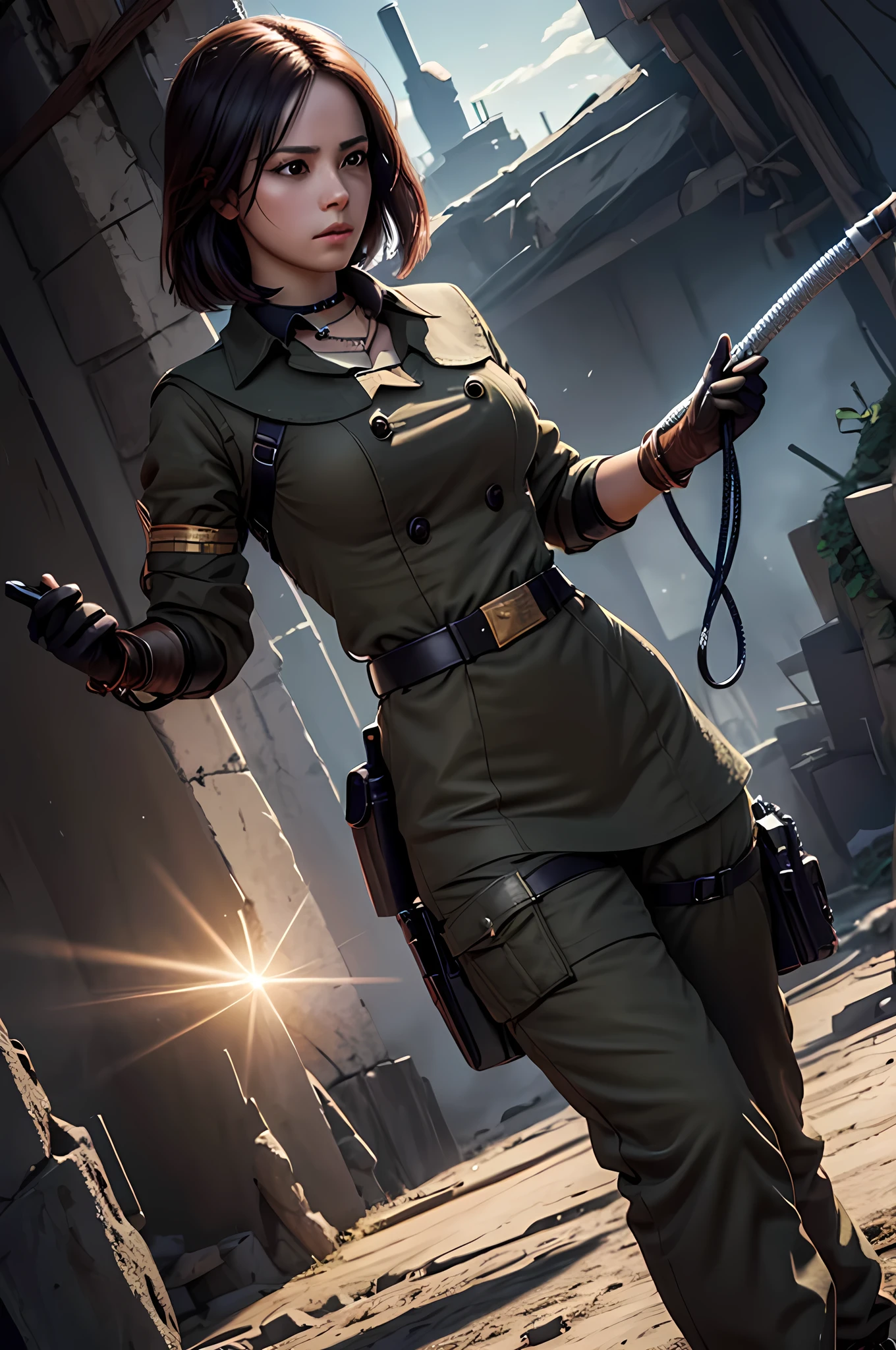 (masterpiece, best quality, high resolution, Unity 8k Wallpaper, Extremely detailed CG:1), (illustration:1.0), 1 Girl,Solitary, whip, Gloves, uniform, army, army ,belt, Necklace, Pants