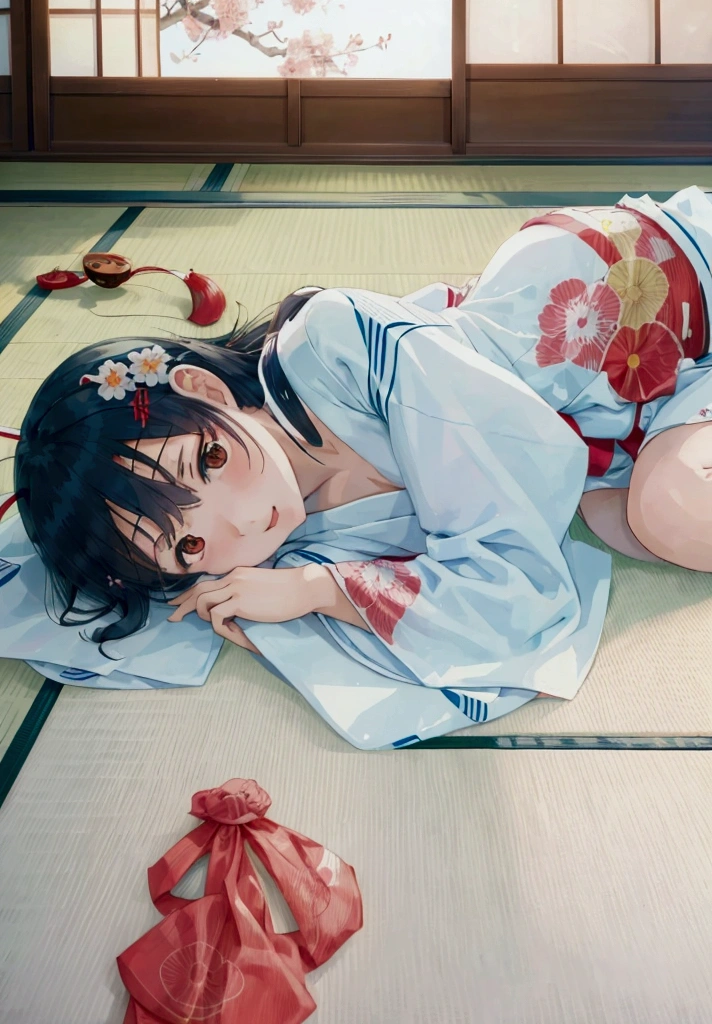 Arabian woman in white kimono lying on the floor, Portrait of a Japan teenager, Portrait of a Japanese girl, Torii Qing Yuan Works, Lo-fi portrait by the window, Chiho, Yoshitomo Nara, Young Japanese, kimi takemura, Another Iwakura, Japanese Model, Japanese women