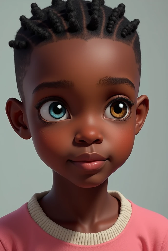 8 year old black real boy
Real boy
Very realistic, not animated
Boy from Africa
Eyes of different colors brown and blue
Eyes of different colors brown and blue
Eyes of different colors brown and blue
Eyes of different colors brown and blue
Eyes of different colors brown and blue
Eyes of different colors brown and blue
Short hair African braids
Wearing a pink cropped shir
Place eyes of different colors brown and blue and give them a little shine
With a little white sweater