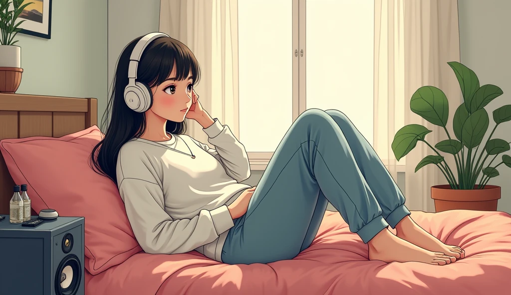 morning、Listen to music in the room、high school girl、Big Breasts、 Sweatshirt、relax、Use headphones, Bright environment、2D-style animation, Lo-Fi、Retro、Anime style illustrations、Line art with clear outlines