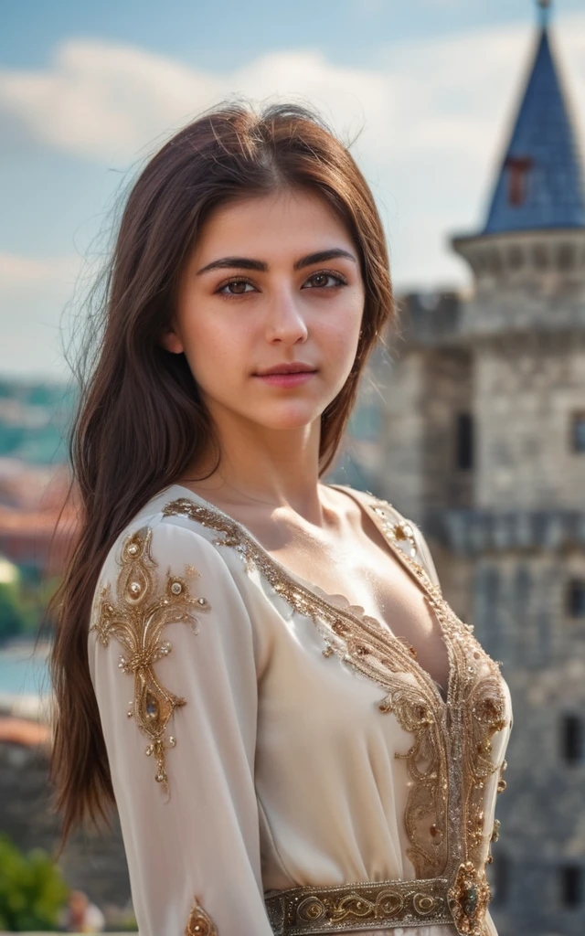 a beautiful turkish woman is standing near istanbul Castle, bokeh, highly detailed