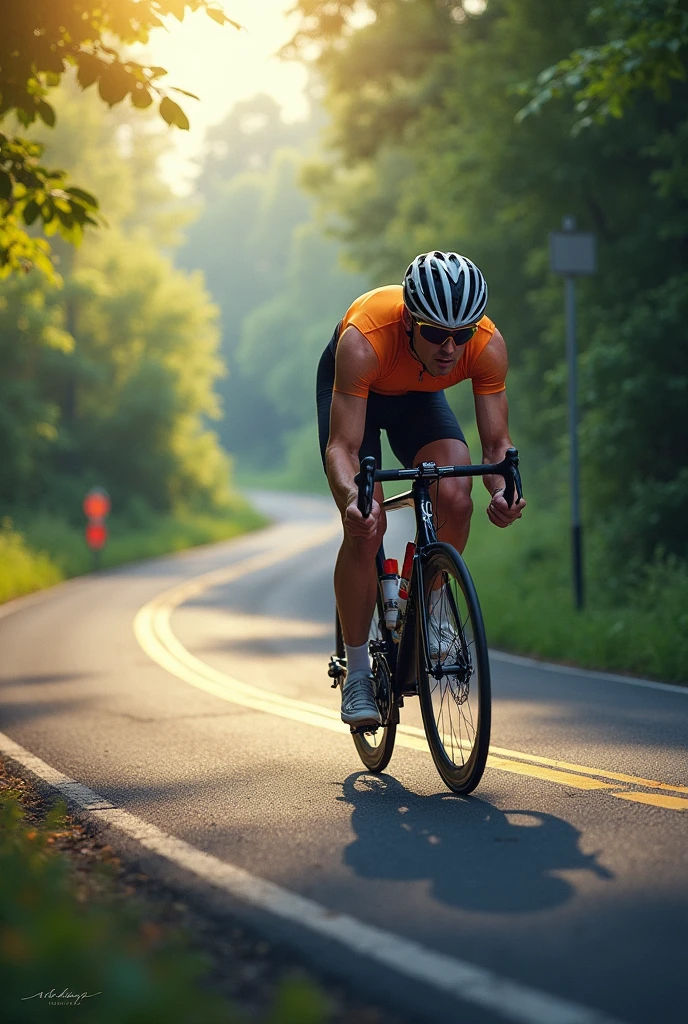 A cyclist descending an asphalt hill, there is a sign saying (WILL KNOW)