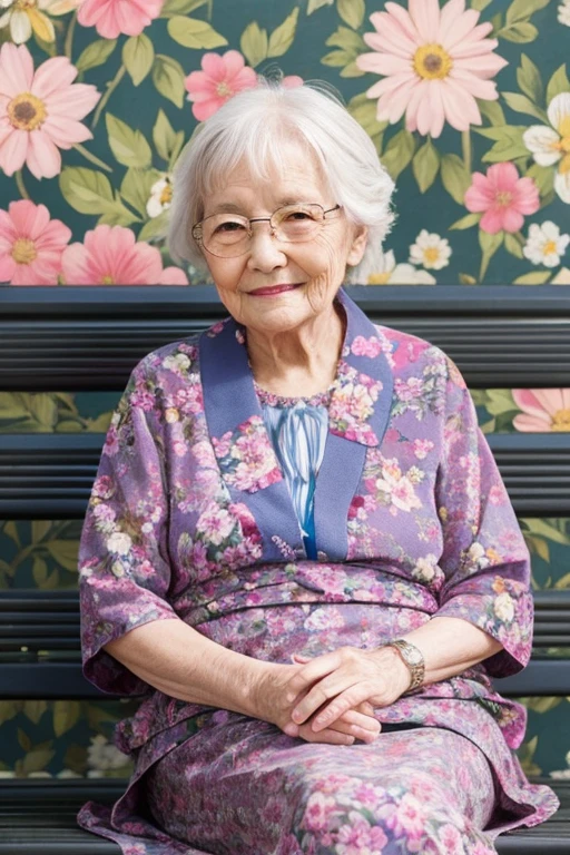 Beautiful floral background、A kind-looking old lady sitting on a bench facing forward with a smile。