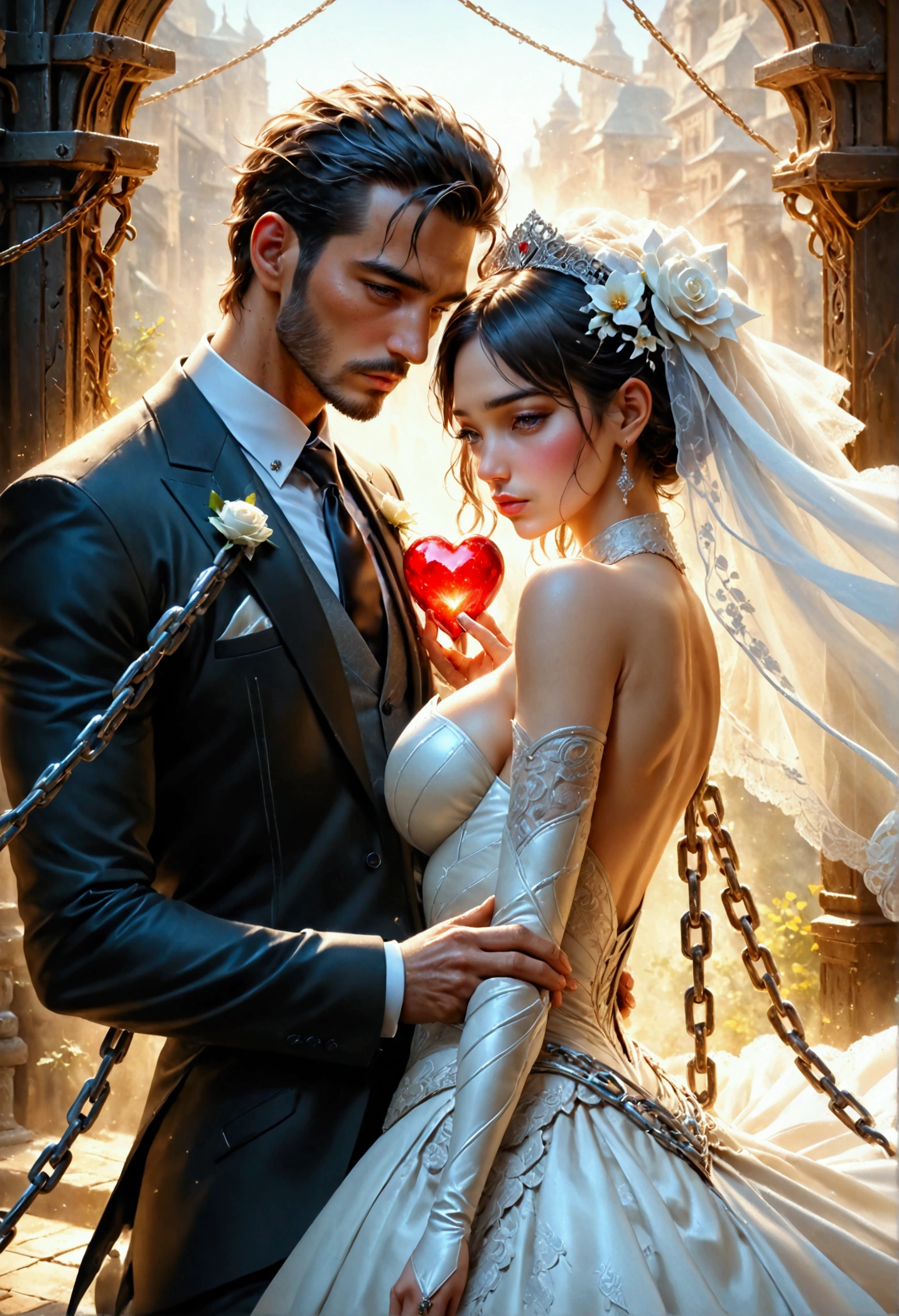 oil painting anime comic art, Julie Bell art of a groom held by ((radiant chains: 1.2)), in his wedding day and his bride, a handsome groom, wearing suit and tie, BREAK AND a beautiful, sexy bride, busty bride, wearing white leather wedding dress, the chain holds the groom, with chains, the chain forms the shape of red glowing heart, cinematic light, High Detail, Ultra High Quality, High Resolution, 16K Resolution, Ultra HD Pictures, Ultra Realistic, Clear Details, Realistic Detail, Ultra High Definition, rpg portrait, art by mooncryptowow