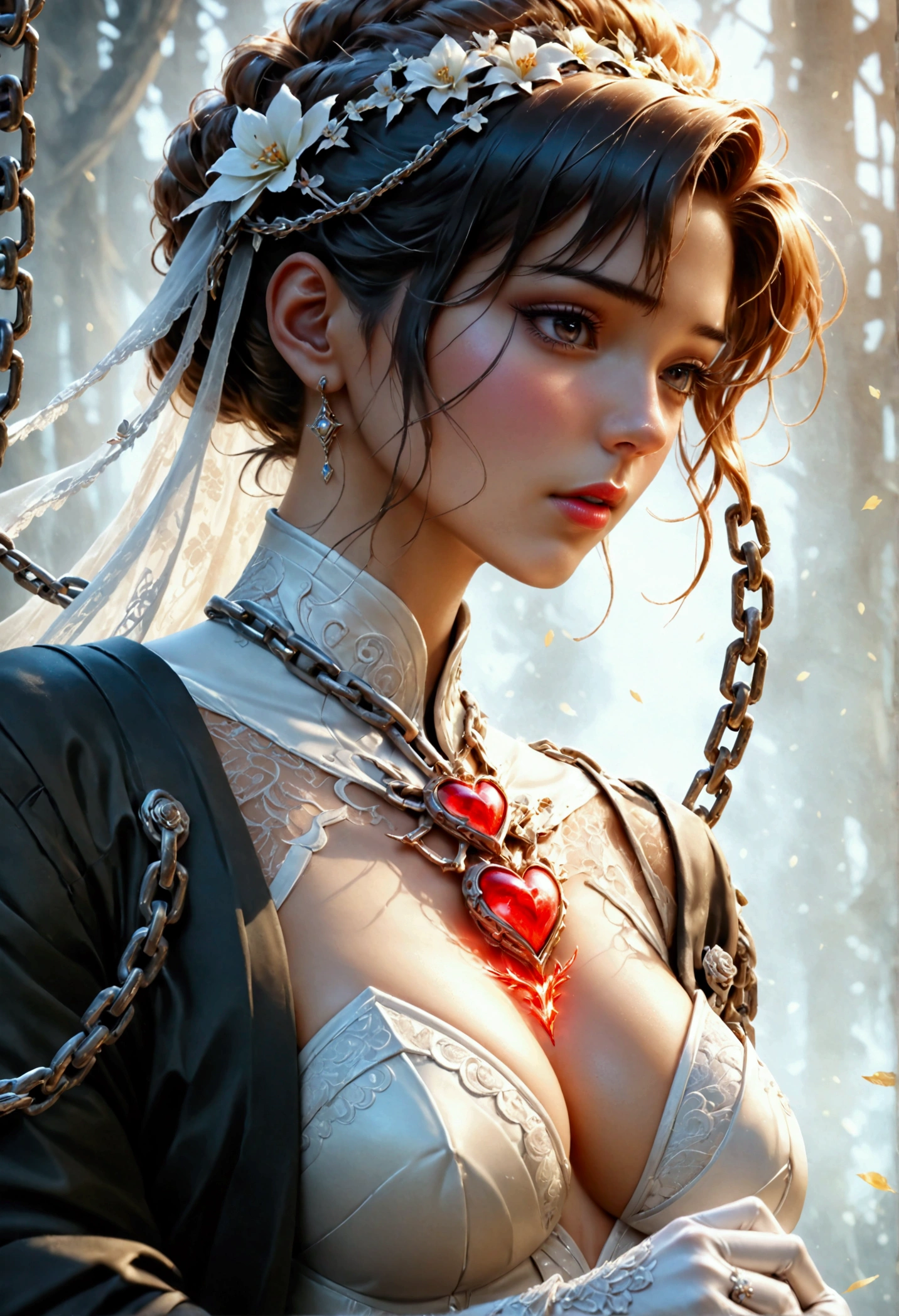 oil painting anime comic art, Julie Bell art of a groom held by ((radiant chains: 1.2)), in his wedding day and his bride, a handsome groom, wearing suit and tie, BREAK AND a beautiful, sexy bride, busty bride, wearing white leather wedding dress, the chain holds the groom, with chains, the chain forms the shape of red glowing heart, cinematic light, High Detail, Ultra High Quality, High Resolution, 16K Resolution, Ultra HD Pictures, Ultra Realistic, Clear Details, Realistic Detail, Ultra High Definition, rpg portrait, art by mooncryptowow