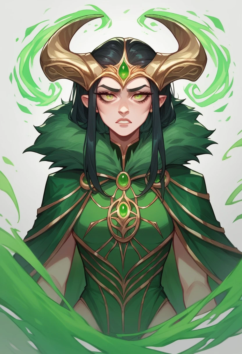 Lady Loki, god of mischief, long black hair, golden tiara with golden bull horns, green costume with black accents, fur collar, green cape, green magic,