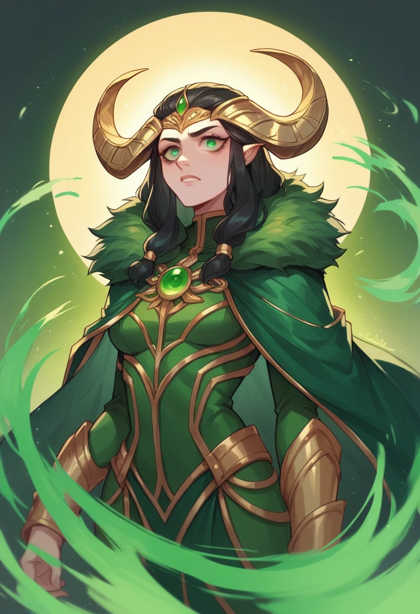Lady Loki, god of mischief, long black hair, golden tiara with golden bull horns, green costume with black accents, fur collar, green cape, green magic,