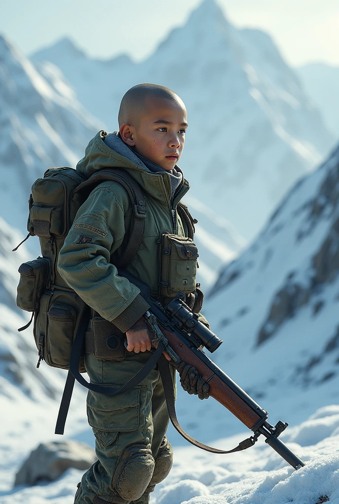 Cruel  Chinese army boy have gun. They are look like no hair, army dress. They are hunters..
Then the boy looking for Himalayas. Cold climate 