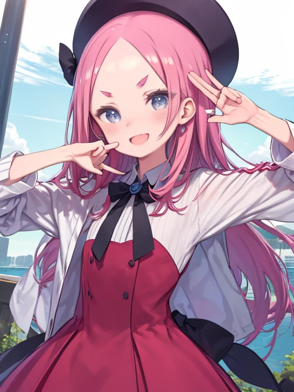 One Girl、Pink hair long hair、amount、Forehead、Red dress、Upper Body、smile、Open your mouth a little、Wink、Close one eye、amountの前でピースサイン、amountの前でVサイン、V-shaped eyebrows、Hands in front of head、Peace sign in front of the head、elbows are at head height、salute、