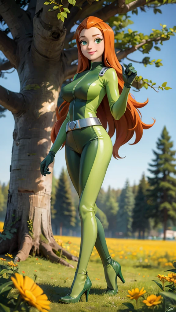 sam, totally spies, long orange hair, Long Straight Hair, green eyes, green bodysuit, Big Breasts, belt, gloves, heels, looking at viewer, smiling, full body shot, standing, outside, field, flowers, trees, sunny, high quality, masterpiece 