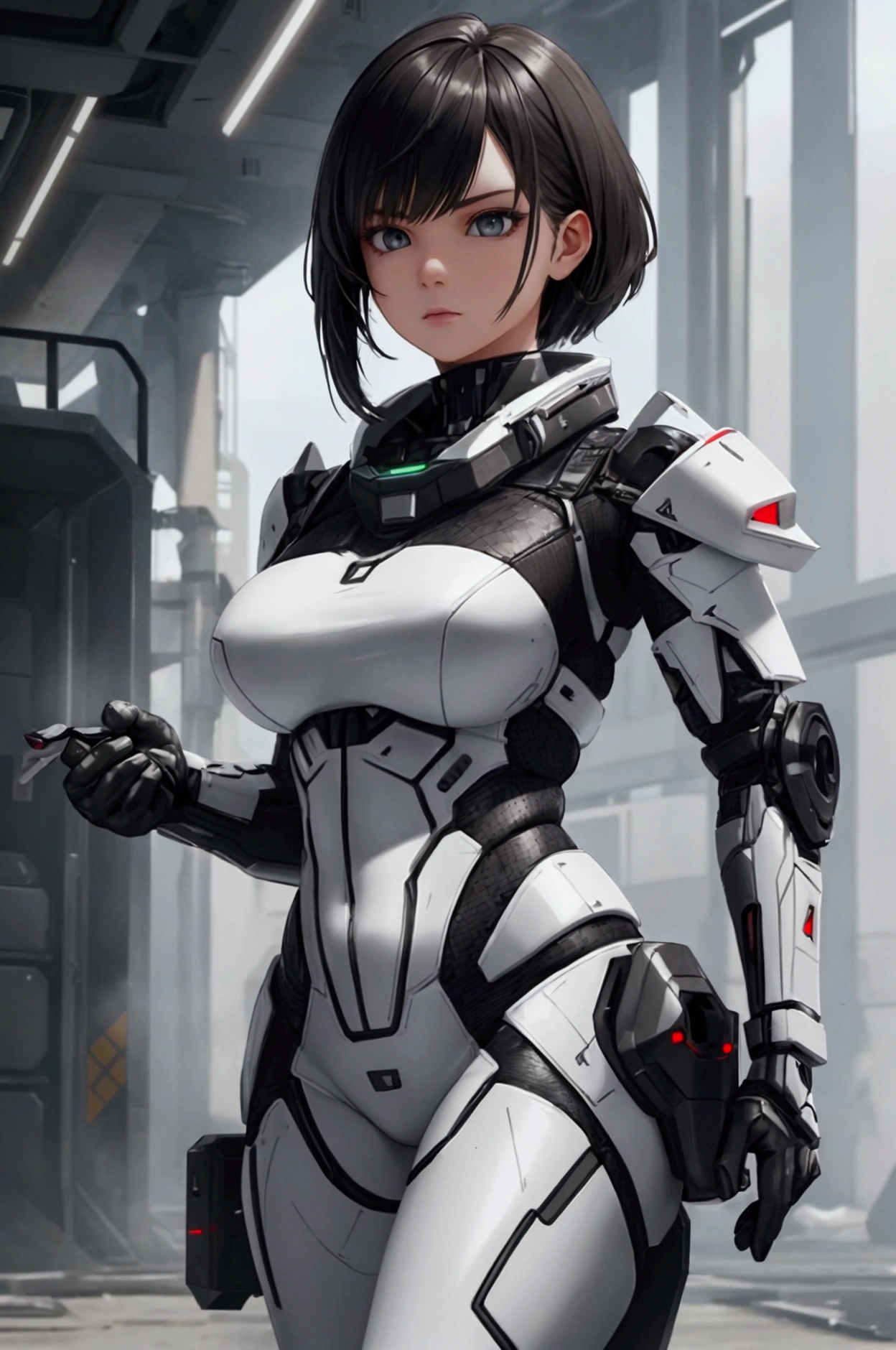 A realistic 3D rendering of a young woman in a futuristic, high-tech military outfit. She has a focused expression with short, tied-up hair. The outfit is a mix of sleek white and black materials, featuring advanced armor plating and a high-tech design. She is holding a large, futuristic energy weapon, which has a metallic, polished appearance with intricate details. The background is a blurred industrial setting, giving a sense of being in a high-stakes, action-packed environment. The overall vibe is serious and intense, as if she is ready for combat in a sci-fi world.