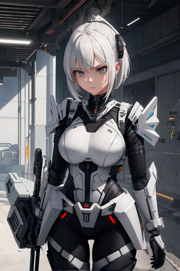 A realistic 3D rendering of a young woman in a futuristic, high-tech military outfit. She has a focused expression with short, tied-up hair. The outfit is a mix of sleek white and black materials, featuring advanced armor plating and a high-tech design. She is holding a large, futuristic energy weapon, which has a metallic, polished appearance with intricate details. The background is a blurred industrial setting, giving a sense of being in a high-stakes, action-packed environment. The overall vibe is serious and intense, as if she is ready for combat in a sci-fi world.