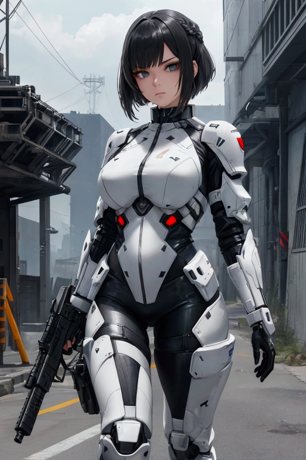 A realistic 3D rendering of a young woman in a futuristic, high-tech military outfit. She has a focused expression with short, tied-up hair. The outfit is a mix of sleek white and black materials, featuring advanced armor plating and a high-tech design. She is holding a large, futuristic energy weapon, which has a metallic, polished appearance with intricate details. The background is a blurred industrial setting, giving a sense of being in a high-stakes, action-packed environment. The overall vibe is serious and intense, as if she is ready for combat in a sci-fi world.